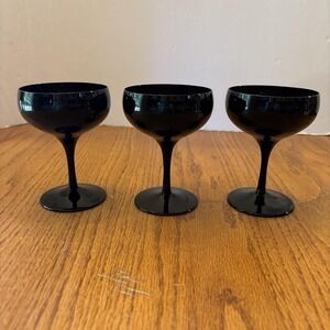 Vtg 3-  Sasaki Stemware Champagne Glasses Ebony Midnight Black Handcrafted Japan